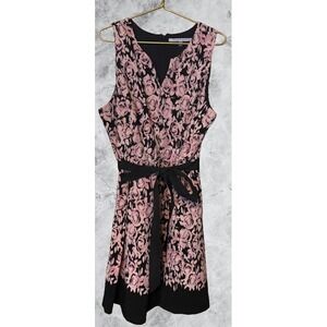 Luxe by Carmen Marc Valvo Pink Black Floral Rose Dress V-Neck Sash 18W Plus Size